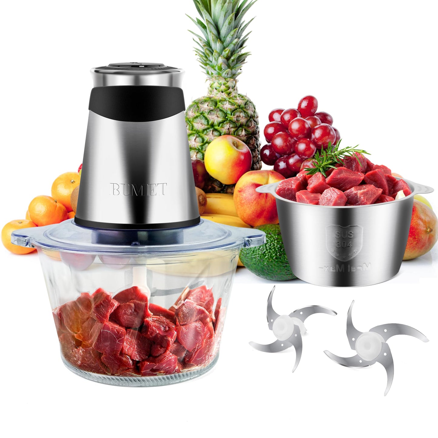 BUMET Electric food processor vegetable chopper 500W 2x8cup bowls 2 bi-layer 4 blades Small Food chopper Electric Meat grinder for home use,Mincing, and Puree for kitchen aid, baby foot, pet food