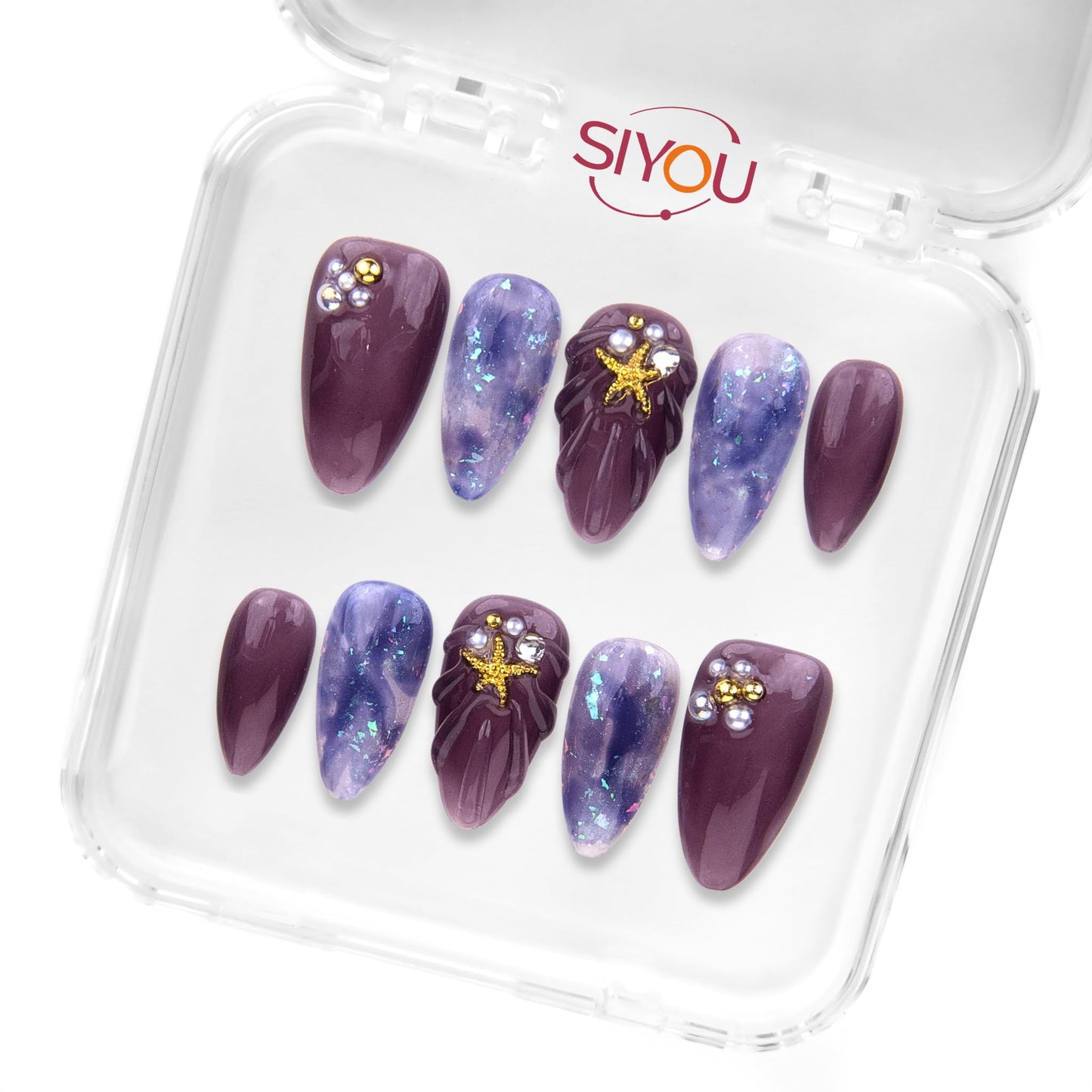 SIYOU Beauty | Ocean's Enchant | Purple Mermaid Short Almond Press On Nails for Women (Medium) - Reusable, Salon-Quality Fake Nails (10pc)