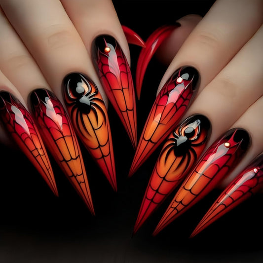 24Pcs Almond Tip Halloween Spider Press on Nails Extra Long Spider Web Design Halloween Nail Full Cover Glossy Artificial Acrylic False Nail French Tip Long Glue on Nails for Women Festival Decoration