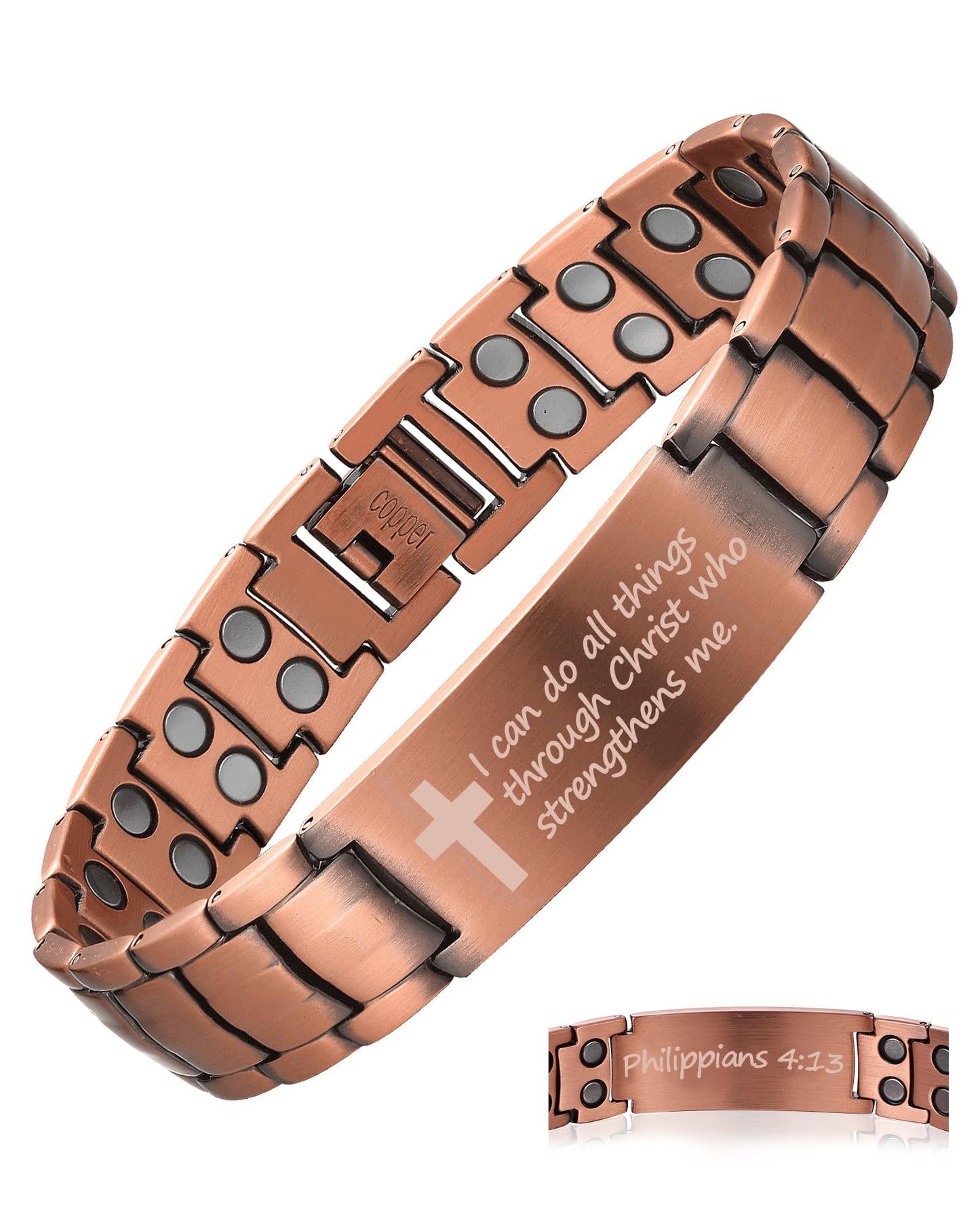 MagEnergy Copper Bracelet For Men, Christian Copper Bracelet For Men, Magnetic Bracelet With Ultra Strength Magnets, Adjustable Biblical Cross Bracelet, Jewelry Gift(Sizing Tool)