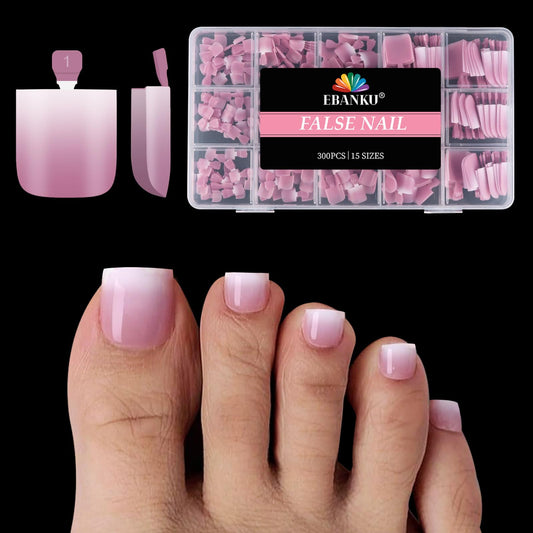 EBANKU French Tips Toe Press On Nails, 300 Pcs Sharp Square Pre-applied Primer & Base Coat Toe Nail Press Ons Light Ombre Pink Full Cover Fake Tips Extension, 15 Sizes