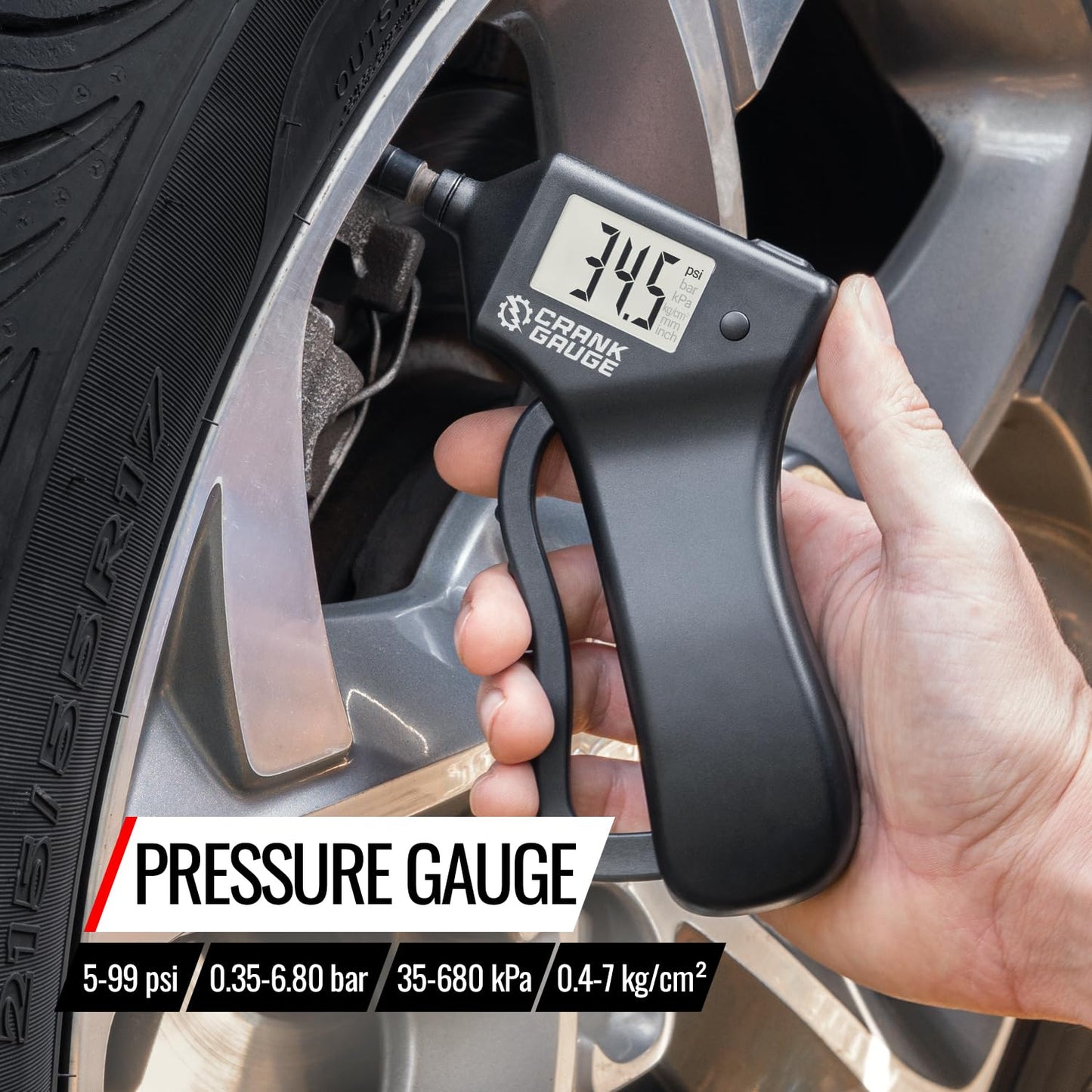 CrankGauge Battery-Free Tire Pressure Gauge (5-99 psi) and Tread Depth Meter (0-15mm) for Car, SUV and Motorcycle – Crank-Powered, Digital Display, Accurate and Eco-Friendly