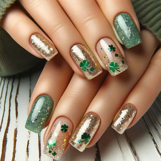 24Pcs St. Patrick's Day Press on Nails Medium Square Fake Nails with Shamrock Designs Full Cover False Nails Green Gold Glitter Reusable Glue on Nails for Women Saint Patrick Manicure Decor