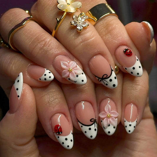 Long Press on Nails Almond Fake Nails White Acrylic Nail Press Ons Seeneey French Stick on Nail Polka Dot Bow 3D Flower Ladybug Glossy Full Cover for Women 24pcs
