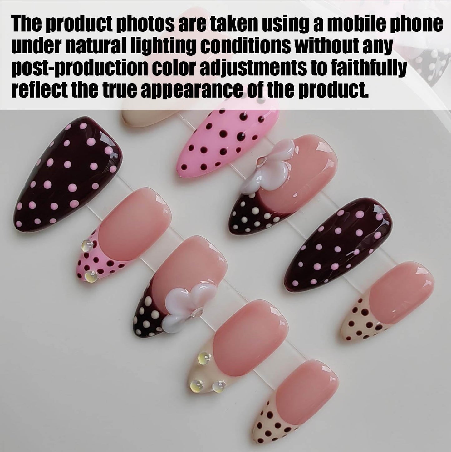Gleamrain Almond Handmade Press on Nails Medium Length Professional Nail Art Nude Fake Nails with Flower and Polka Dots Design French Tip Cute Glue Ons for Women and Girls Spring Pattern 21