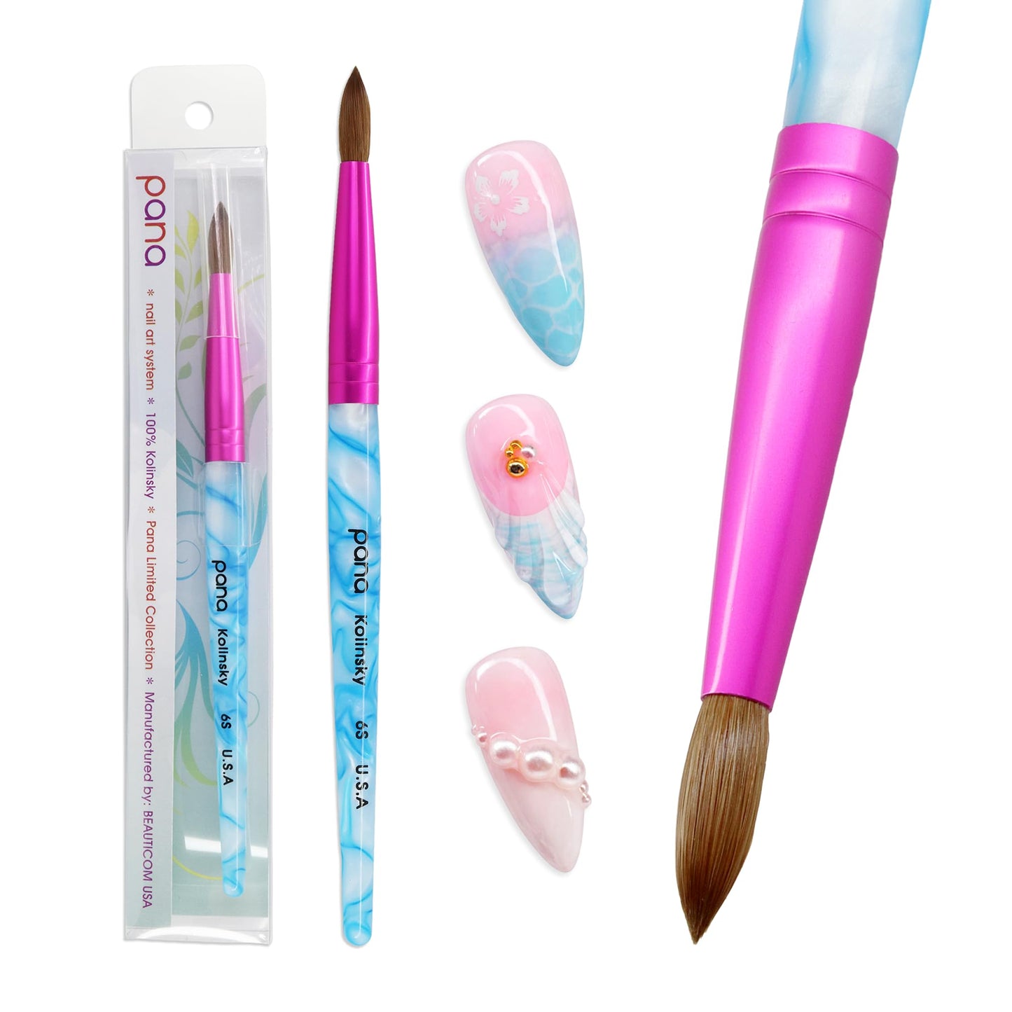 PANA Pure Kolinsky Hair Acrylic Nail Brush - Round Shape Pink Ferrule with White Swirl Blue Handle (Size 6) - Nail Brush for Acrylic Nail Application, Nail Extension, Manicure Pedicure Salon Beginner