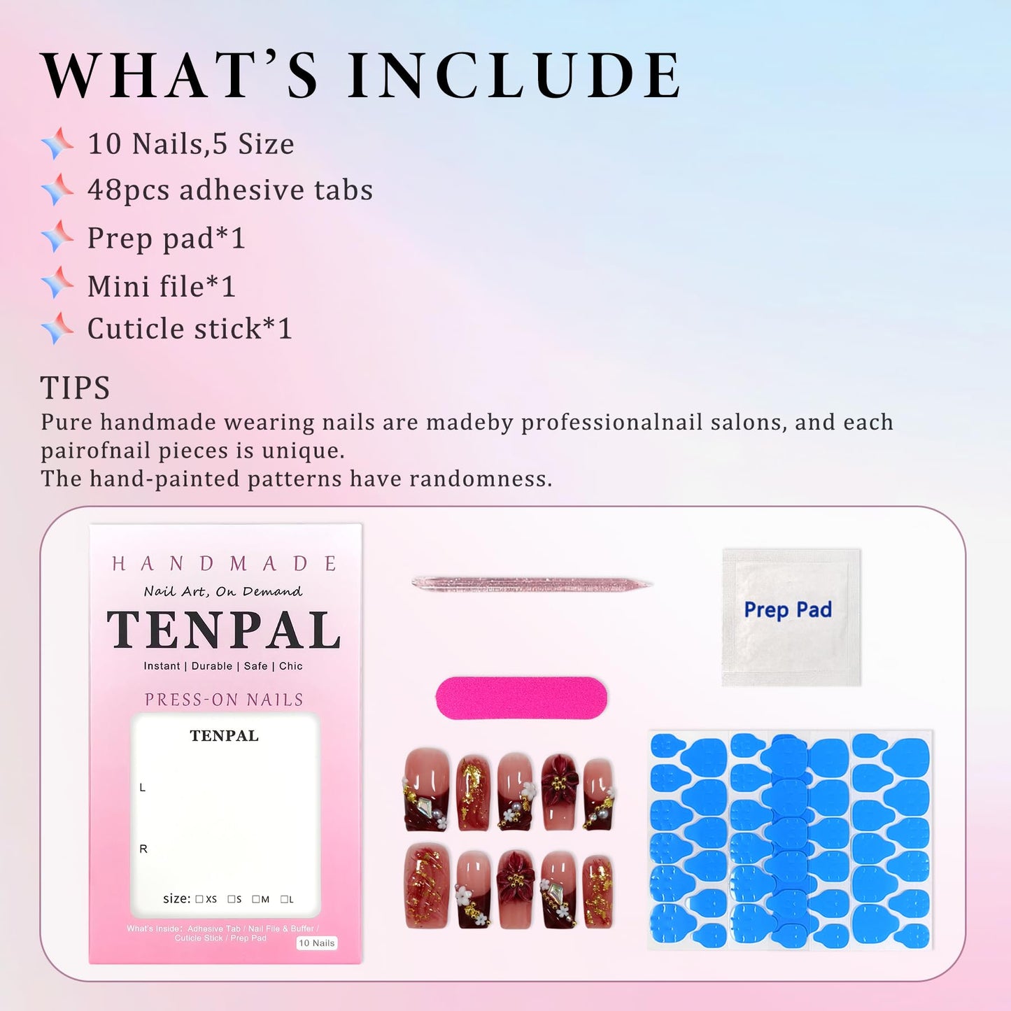 TENPAL Wine Red French Tips Press on Nails Medium Coffin, Ombre 5D Flower Pearl Sweet Sexy Glitter Handmade Fake Nails Reusable Daily Wear Salon Acrylic False Nails for Women 10PCS(M)