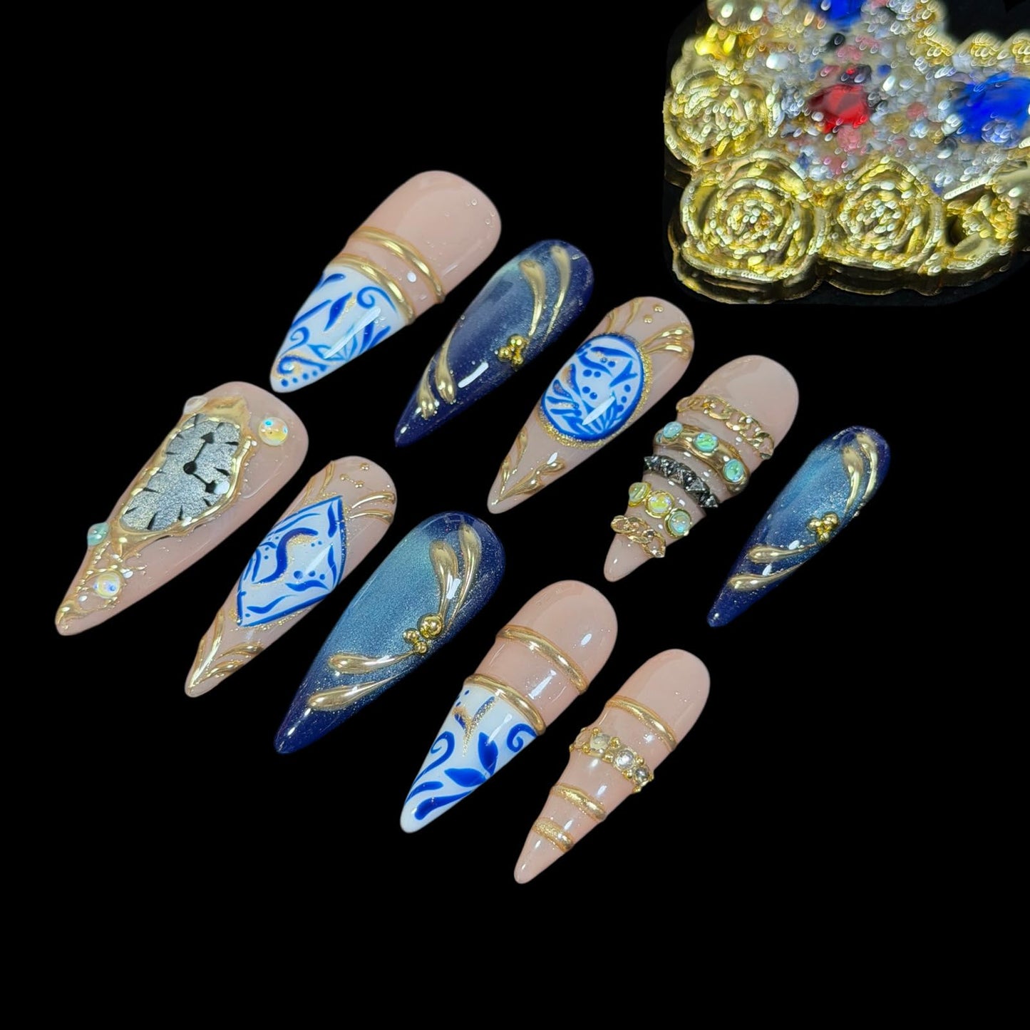 3D Handcrafted Press On Nails, Luxury Fake Nails with Porcelain Pattern, Ring Jewelry Inspired & Unique Clock Face Design, Reusable Acrylic False Nails Navy Blue (S)