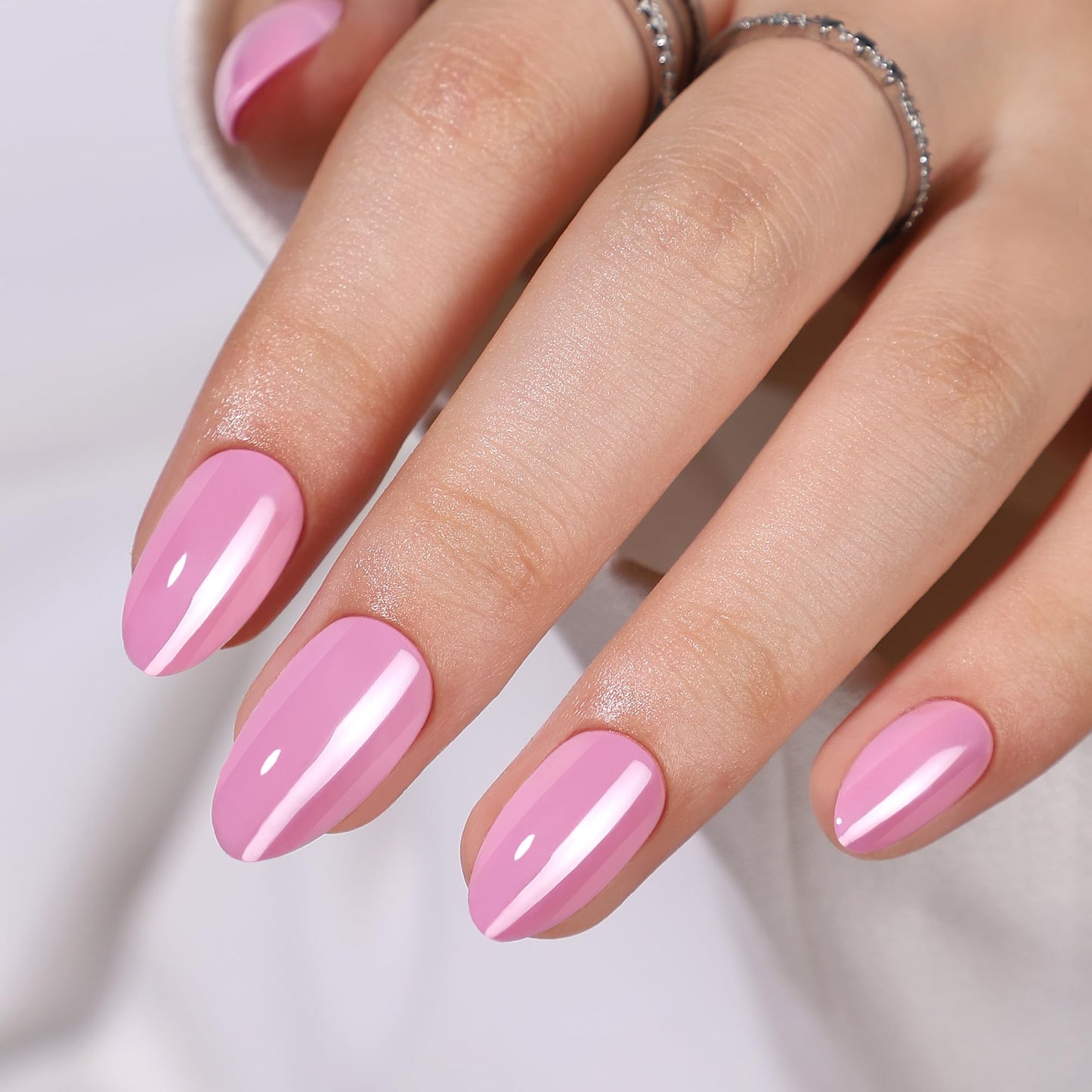 Hrnsnails Almond Shaped Press On Nails, Pink Press On Nails Almond, Glue On Nails Short Fake Nails with Glossy Designs,Acrylic Nails Press On Gel False Nails, Artificial Nails Stick On Nails for Women