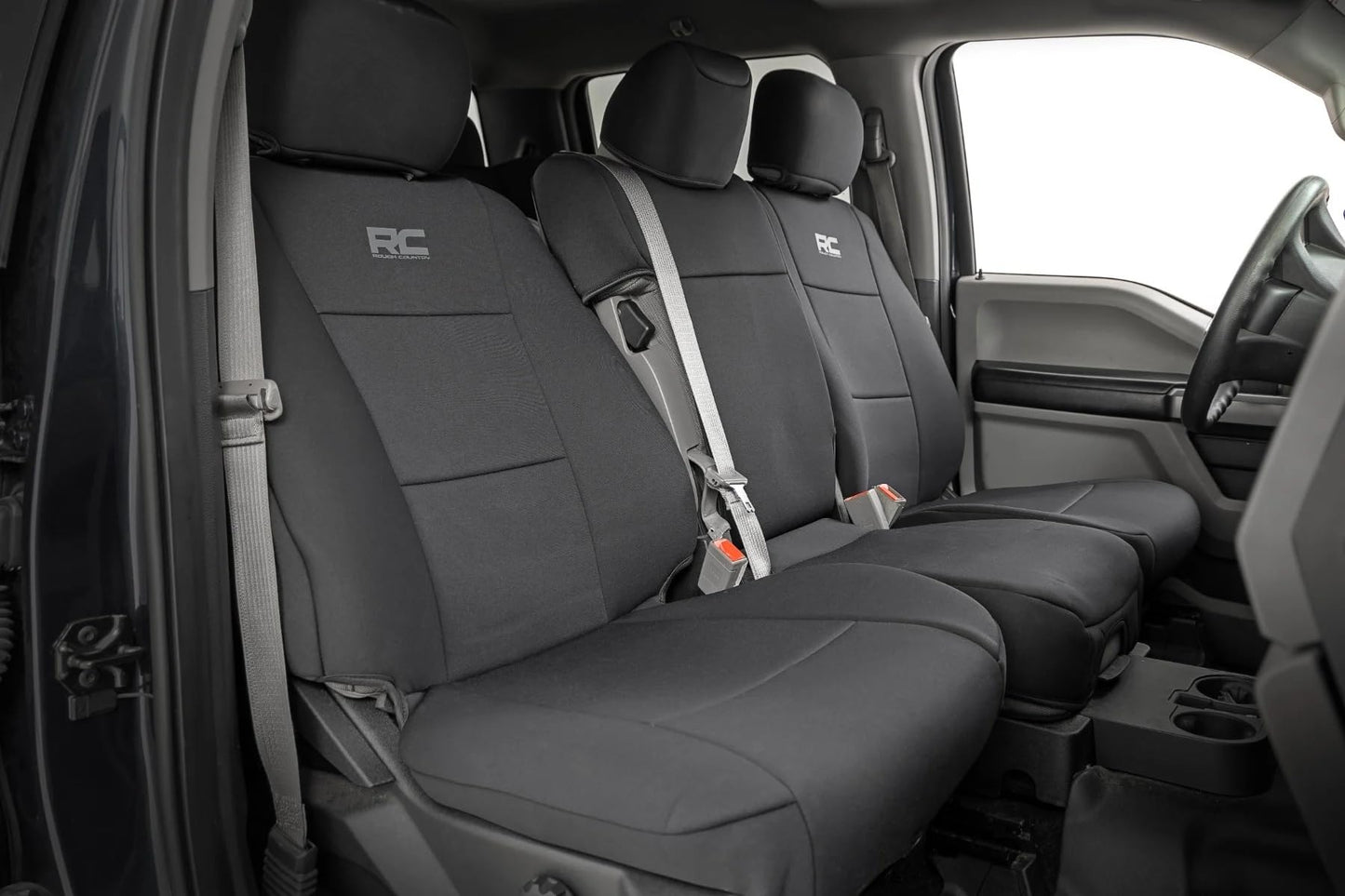 Rough Country Neoprene Seat Covers for Ford F-150 (2015-25)/F-150 Lightning (2022-24)/Super Duty (2017-25) w/Bench Seats - Waterproof & UV Resistant, Foam Padded, Front & Rear Set