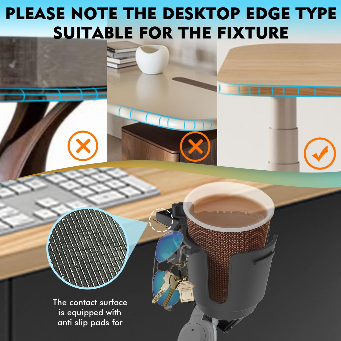 Desk Cup Holder with Headphone Hanger, Clip on Cup Holders for Desks with Spill-Proof Cup Design, Easy to Install, Enough to Hold 8-28OZ Coffee Cups, Water Bottles. (Black, Large)