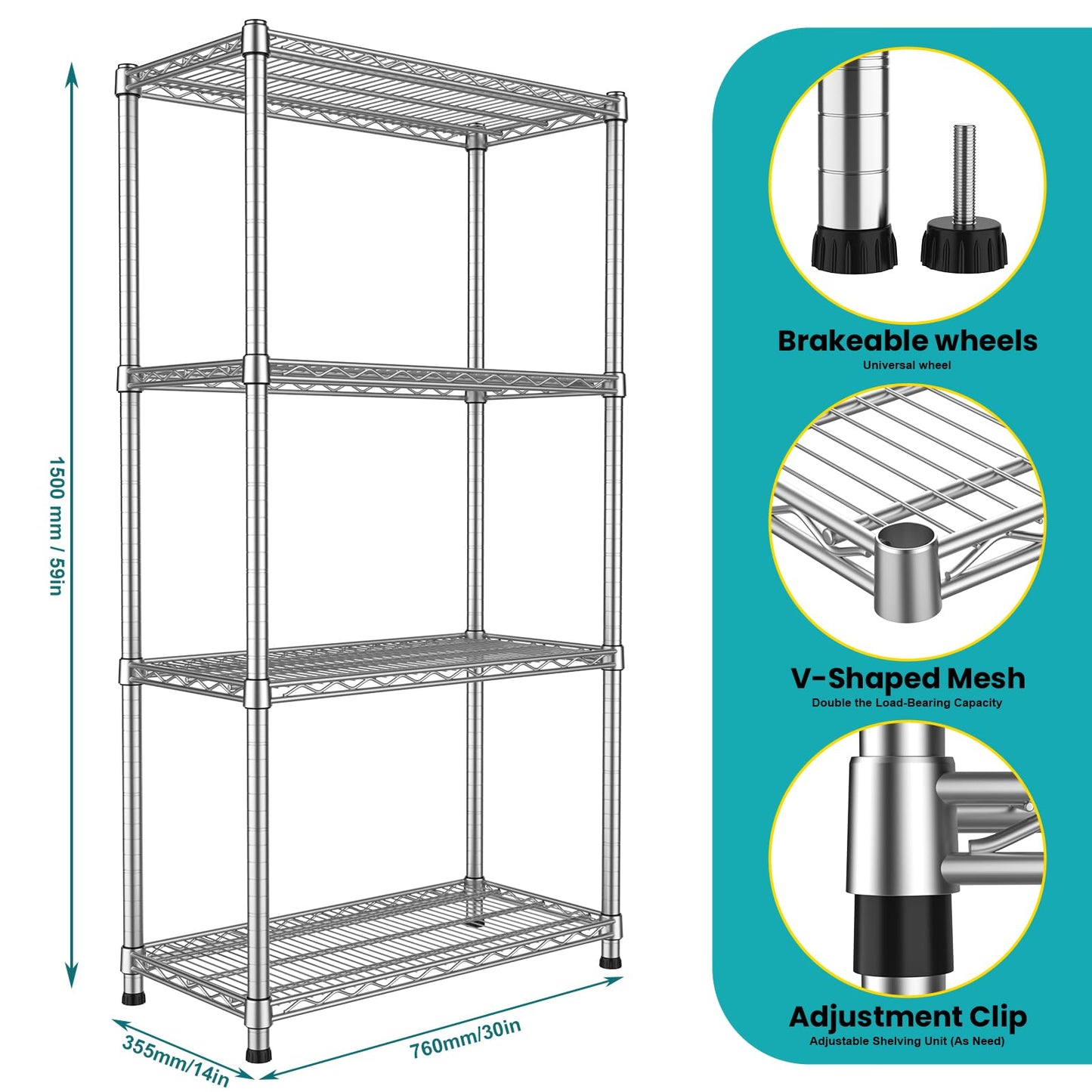 4-shelf Metal Wire Shelving Unit Heavy Duty Storage Shelves Adjustable Steel Shelf Wire Rack 2200LBS Metal Flower Stand Laundry Shelf organization for Garage Pantry Warehouse 13.8"Dx30"Wx59.06"H