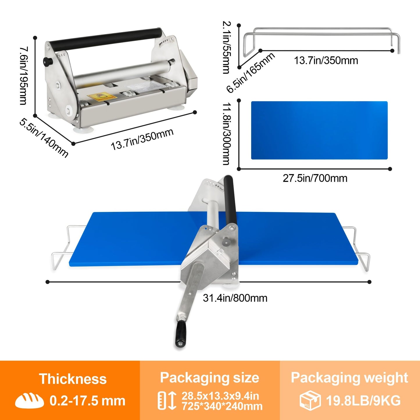 HESMAX 12" Dough Sheeter Machine, Upgraded Stainless Steel Dough Roller with 1 Dough Sheeter Machine and 2 PE Rolling Boards, 0.2-17.5mm Precise Thickness Adjustable, for Home & Commercial Use 5i2