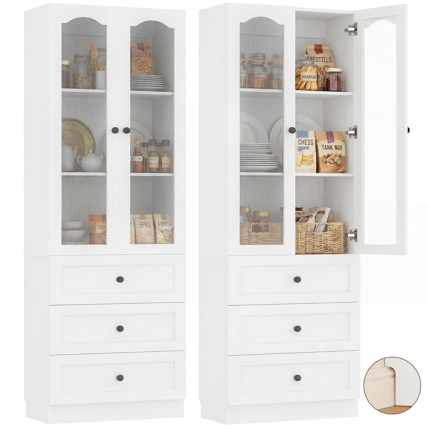 Cyclysio 80" Tall Pantry Cabinet for Kitchen Storage, White Pantry Cabinet with Glass Doors & 3 Drawers - Freestanding Storage Bookcase with Built-in Baseboard Notch for Dining, Living Room