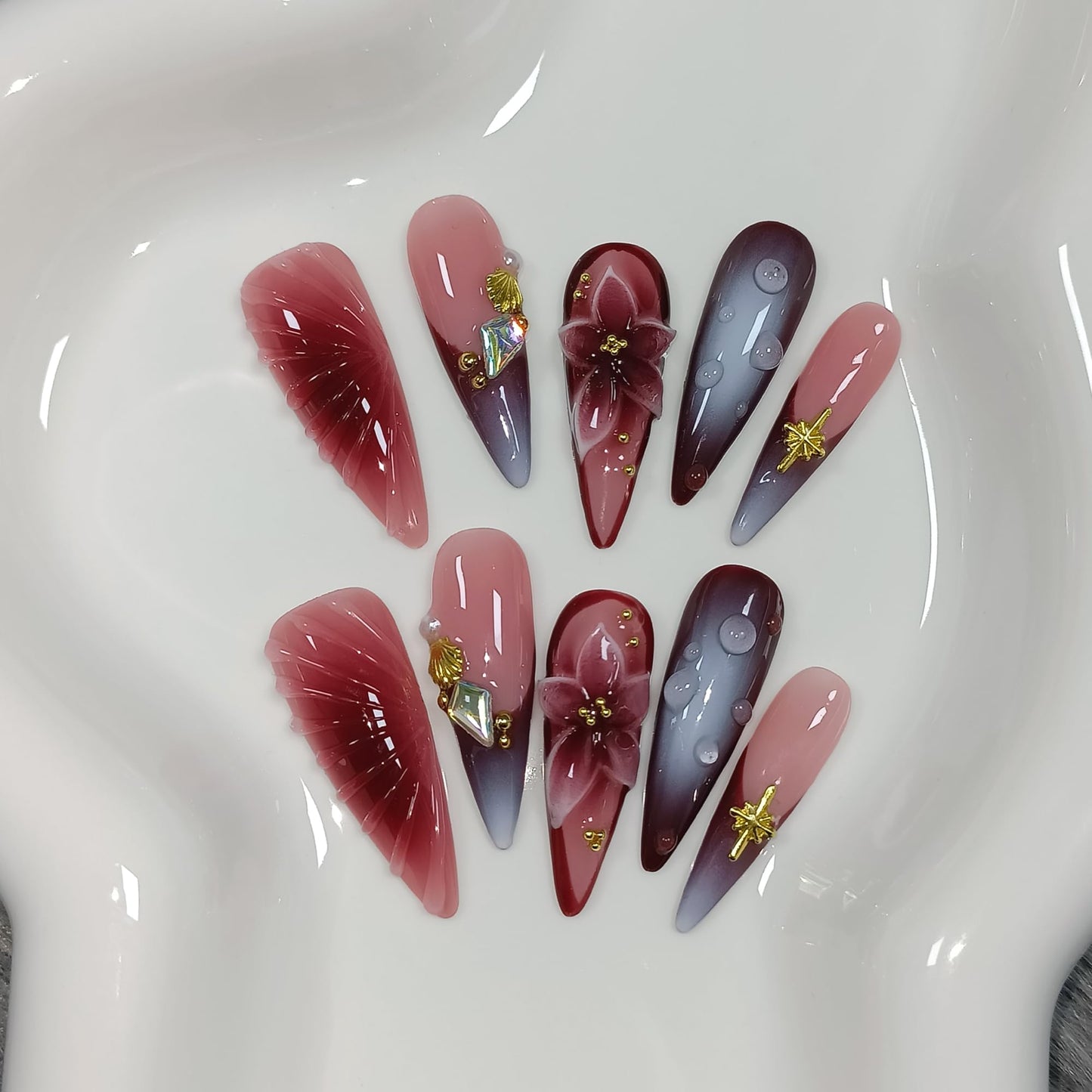 TENPAL Stiletto Press on Nails - Wine Brown Blushing French Fake Nails with 3D Floral Teardrop Design,Glossy False Nails with Tools,Handmade Glamorous Winter Style Glue on Nails for Women Girls(M)