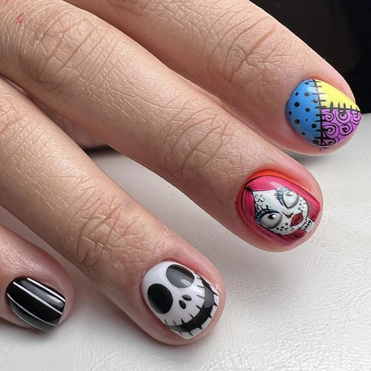 Halloween Press on Nails Square Short Fake Nails with Witch Patch Scary Face Designs Acrylic Stick on Nails Thriller Glue on Nails for Women Girls Party Cool Colorful Manicure24pcs