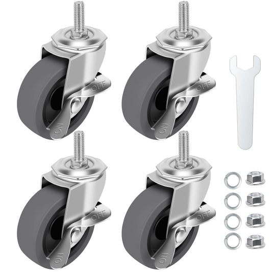 WHARSTM Caster Wheels, 3" Locking Swivel Stem Casters Set of 4, 3/8"-16 x 1 (Screw Diameter 3/8", Length 1") Rubber Casters with 360 Degree No Noise Wheels for Furniture