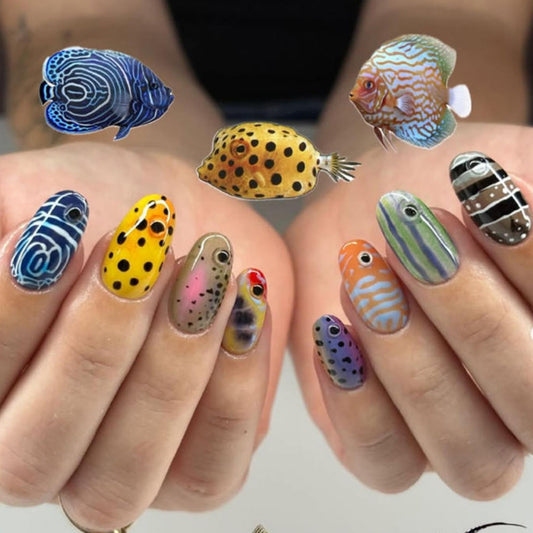 octoswave Long Almond Press on Nails with 3D Fish Patterns - Acrylic Fake Nails for Women, Ideal for Parties, Vacations & Office Wear - 30Pcs