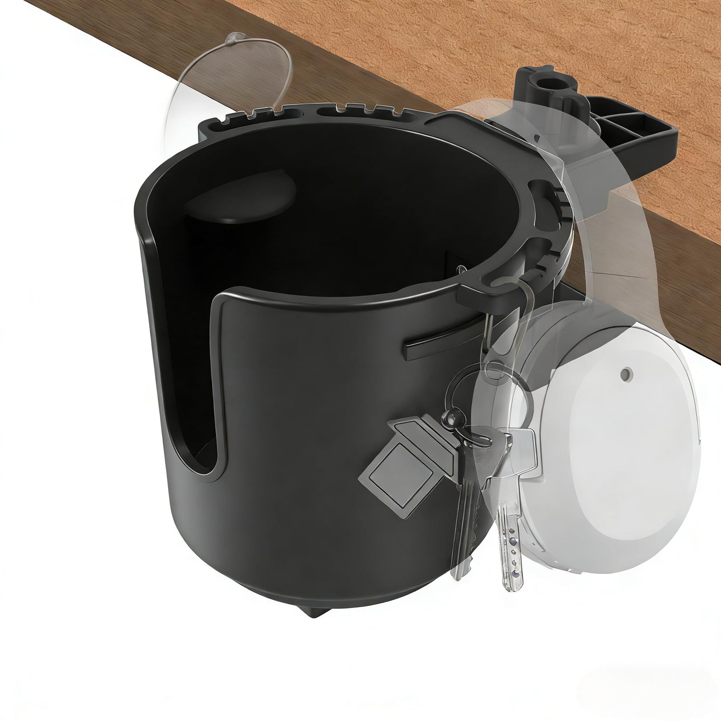 Desk Cup Holder with Spill-Proof Cup Design, Clip on Cup Holders for Desk, Table, Porch Swing, Patio Chair, Fits Maximum Diameter of 3/3.38 inches Bottles.(Black, Medium)