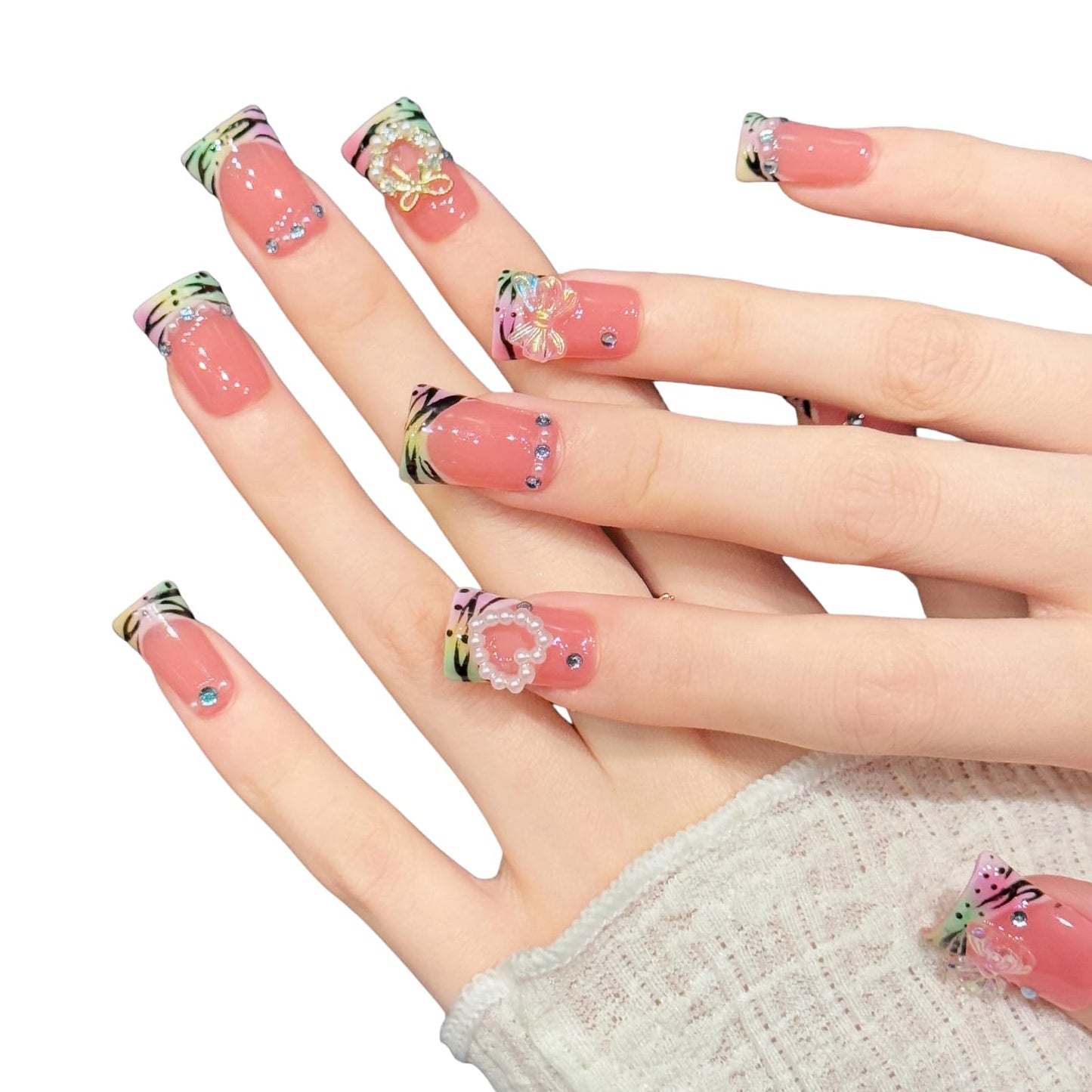Tesytto Handmade Press On Nails Pastel Rainbow French Tip Short Duck with Iridescent Bow Pearl Heart and Rhinestone, Reusable Cute Summer Stick On Fake Nails for Women Girls, 10 Pcs(Coral Tiger Bow,S)