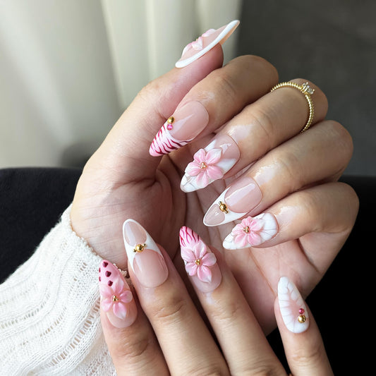 10PCS Pink Floral Press-On Nails - 3D Romantic Spring Blossom Nails, Nude & Pink Girly Elegant Pastel Flower Acrylic UV Gel Fake Nails for Women (Pink, XS)