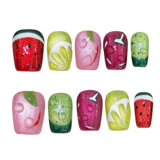 Tesytto Glitter Press on Nails Short Coffin Summer Fruit Nails Cateyes with 3D Water Drop, Hand-painted Watermelon & Lemon Art, Reusable Acrylic Full Cover Fake Nails, 10pcs (Fruit Party,S)