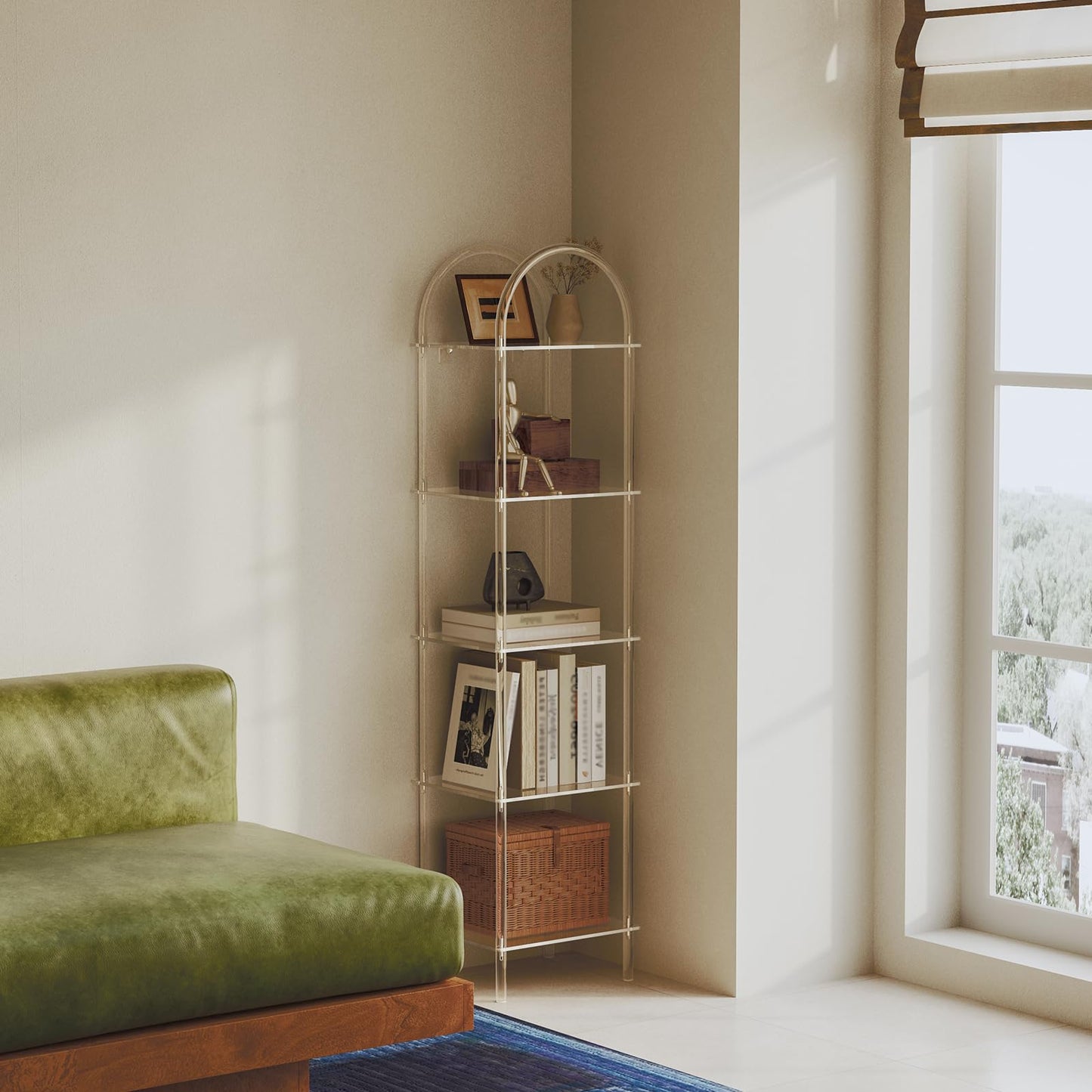 CRTERICX 5-Tier Acrylic Arched Bookcase, Clear Narrow Bookshelf for Small Space, 13.8''W x 11.8''D x 57.1''H, Open Display Book Shelves for Home Office, Living Room, Bedroom, Modern