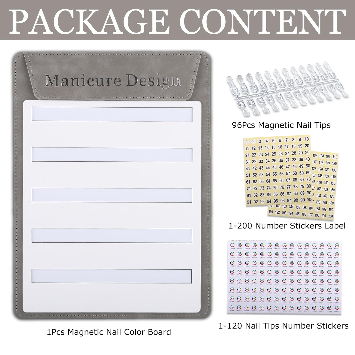 C12rtive 75 Magnetic Nail Color Display Board,96 PCS Magnetic Nail Tips with 1-200 Number Stickers,Professional Manicure Color Chart Swatches Book(Grey)