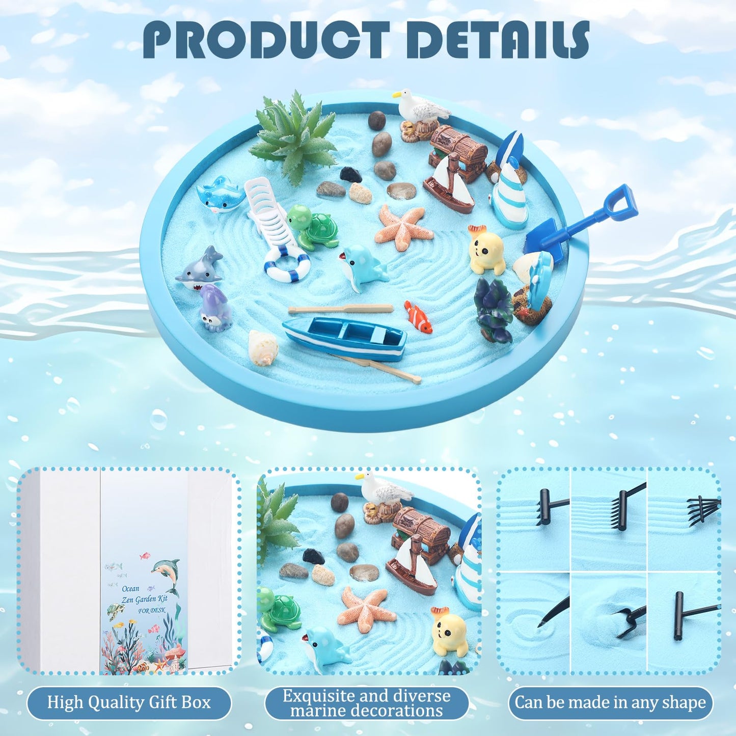 Halloscume Zen Garden Gift for Desk 36 Pcs Beautiful Japanese Beach Sea Decor Zen DIY Set with Ocean Decorative, Tools Blue Tray, Sand for Home, Office Desk Accessories (Including Gift Box)