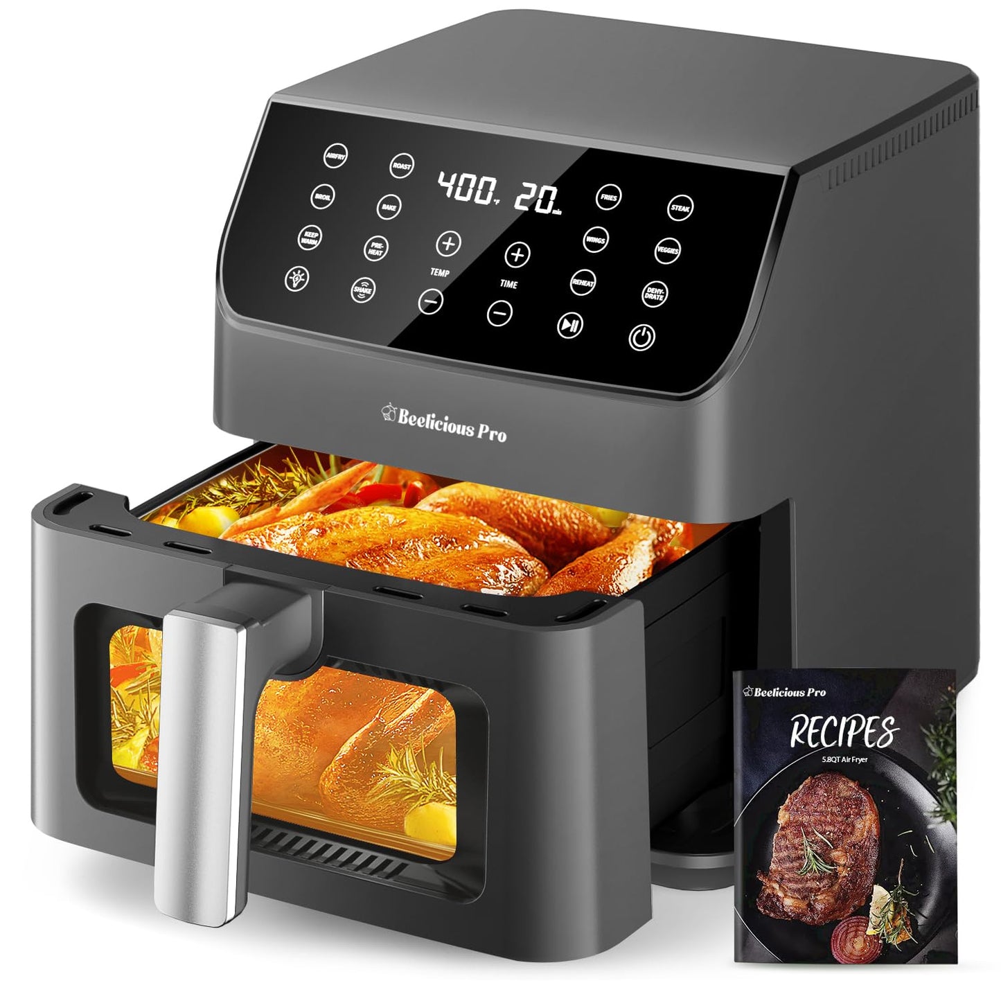 Beelicious 5.8QT Large Air Fryer, 12-in-1 Digital Airfryer with Window, 40+ Recipes, Flavor-Lock Tech, Dishwasher Safe,Shake Reminder, Compact, Quiet, Nonstick Air Fryers. Black