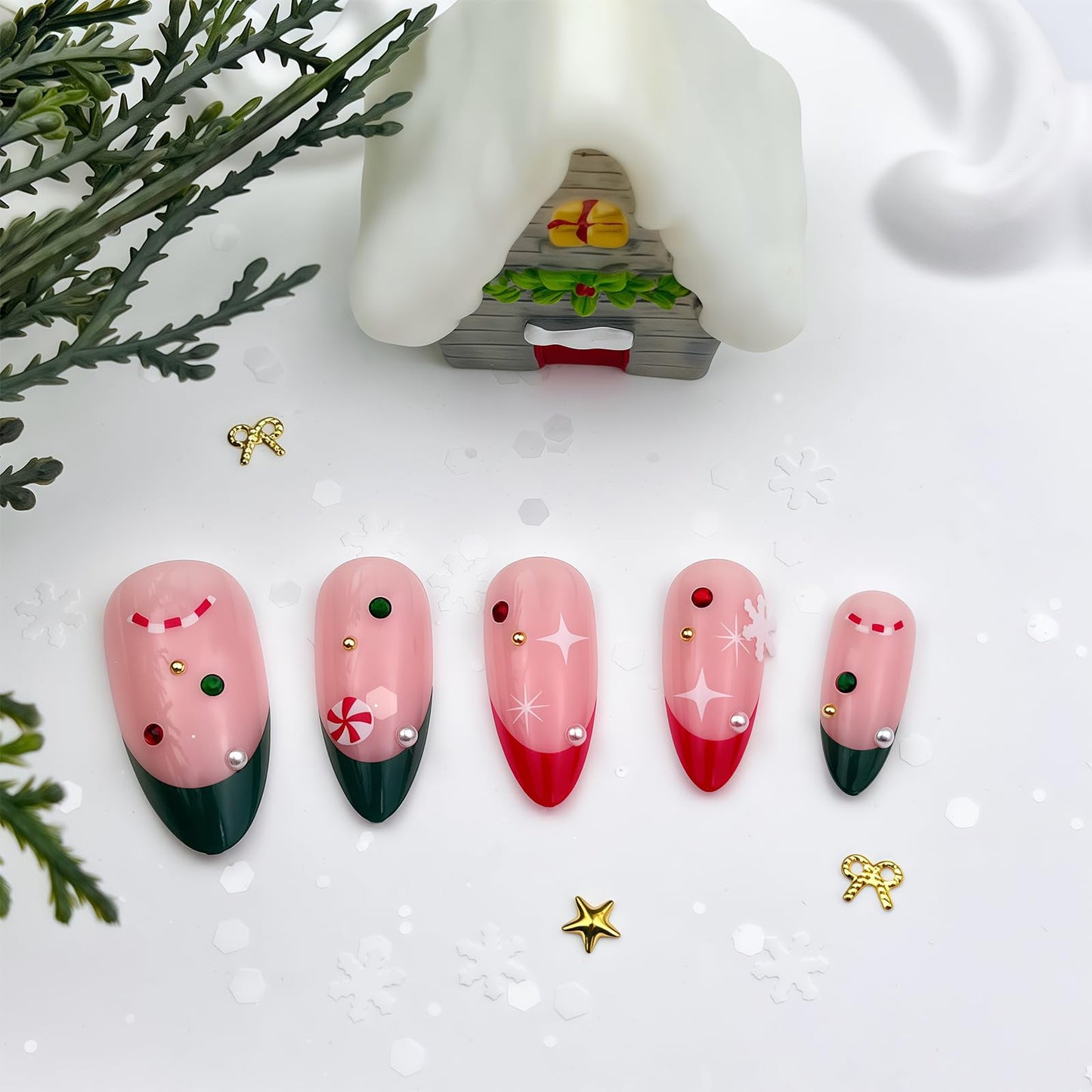 WEIXIWUYU Christmas French Tips Press on Nails Short Almond Fake Nails with Red Green White Rhinestones Designs Full Cover Red Green French Acrylic Nails for Women Girls Manicure Decoration 24Pcs