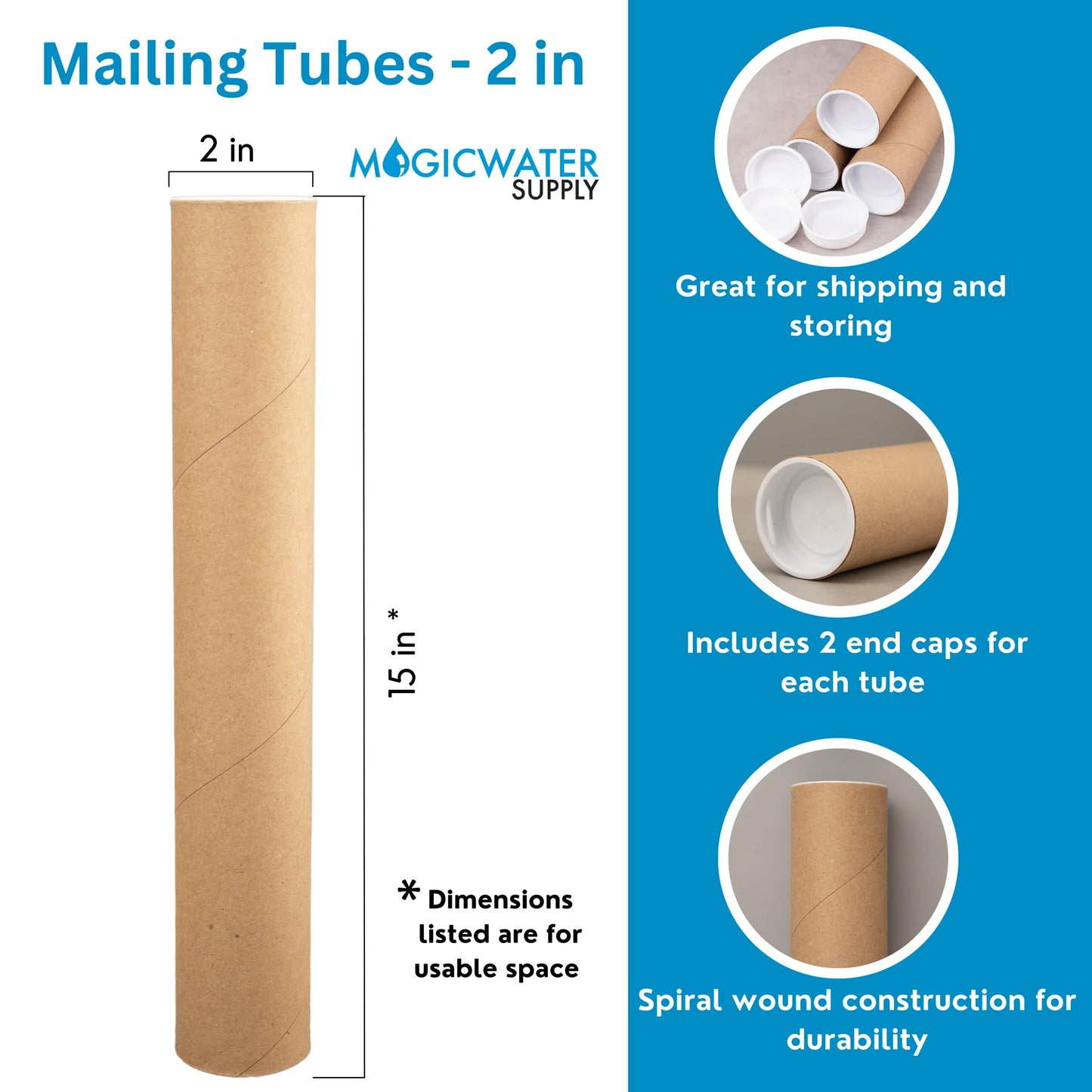 MagicWater Supply Mailing Tube - 2 in x 15 in - Kraft - 12 Pack - for Shipping and Storage of Posters, Arts, Crafts, and Documents