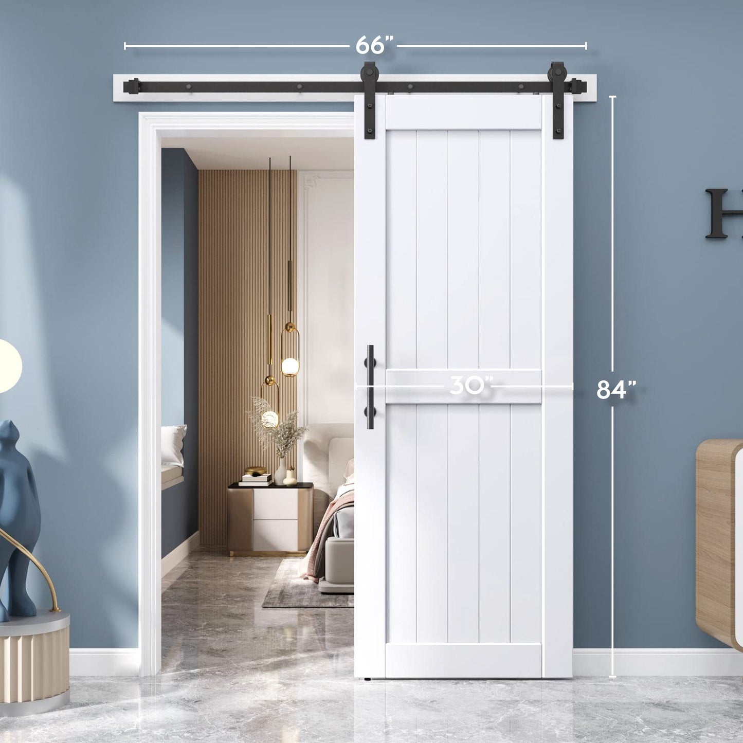 EaseLife 30 x 84 inch White Barn Door with 5.5FT Sliding Door Hardware Kit Included & Handle,Solid Wood Covered with Waterproof PVC Surface,DIY Assemblely,Easy Install,H-Frame,Fit 26-28in Wide Opening