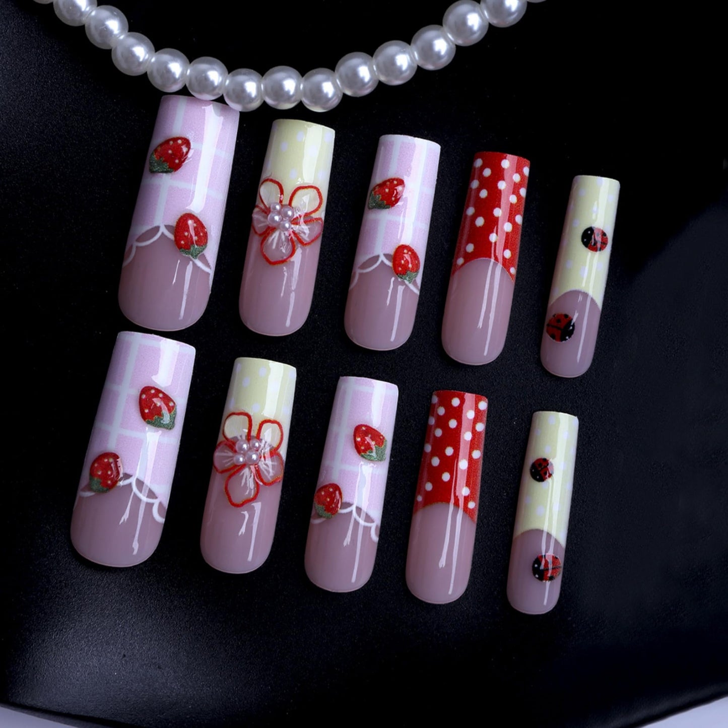 Long Press on Nails Square Fake Nails French Red Artificial Nail 3D Floral and Pearl Designs Cute Stick on Nail for Women 24pcs
