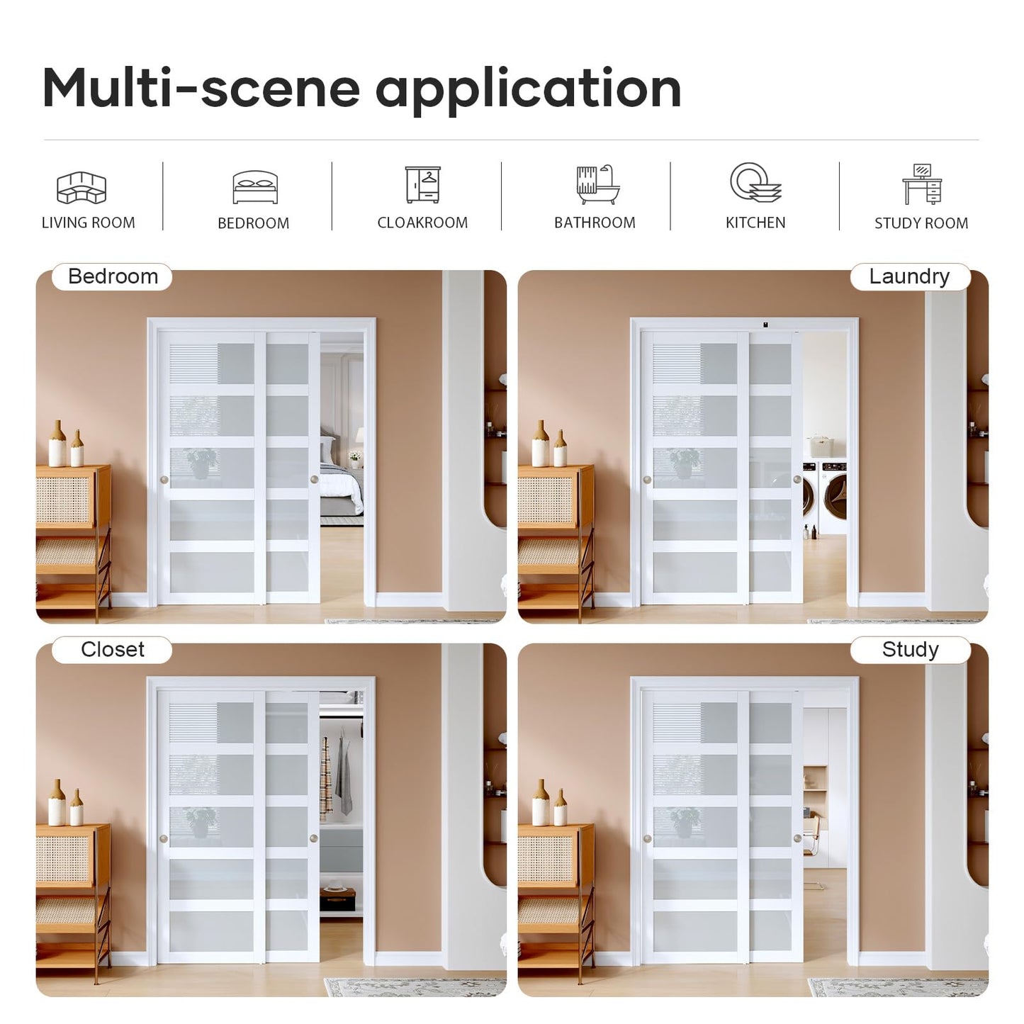 EaseLife 60"x80"(Double 31"x80") Sliding Closet Door,5-Lite Frosted Glass Bypass Sliding Door with Hardware Kit,Solid MDF Wood Slab & Water-Proof PVC Surface,White