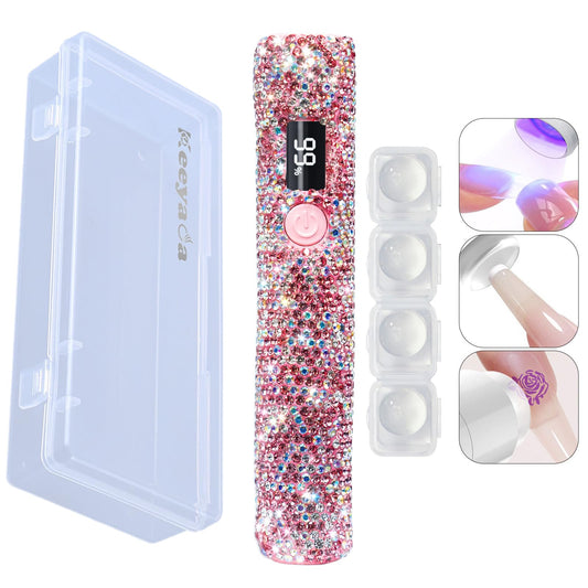 keeyada 3W Portable LED Nail Lamp with Sparkly Rhinestones, Handheld UV Light, Wireless Rechargeable USB Nail Dryer with Silicone Stamper, LCD Display Screen for Fast Curing Home DIY Manicure Pink