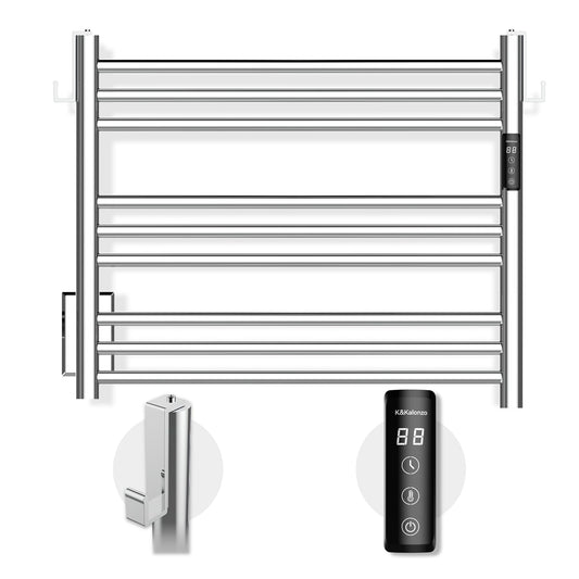 K&KALONZO Towel Warmer for Bathroom, Wall-Mounted 9-Bar Heated Towel Rack with Built-in Timer, Waterproof Electric Towel Heater, Support Plug-in and Hardwired, Polished, EL13S