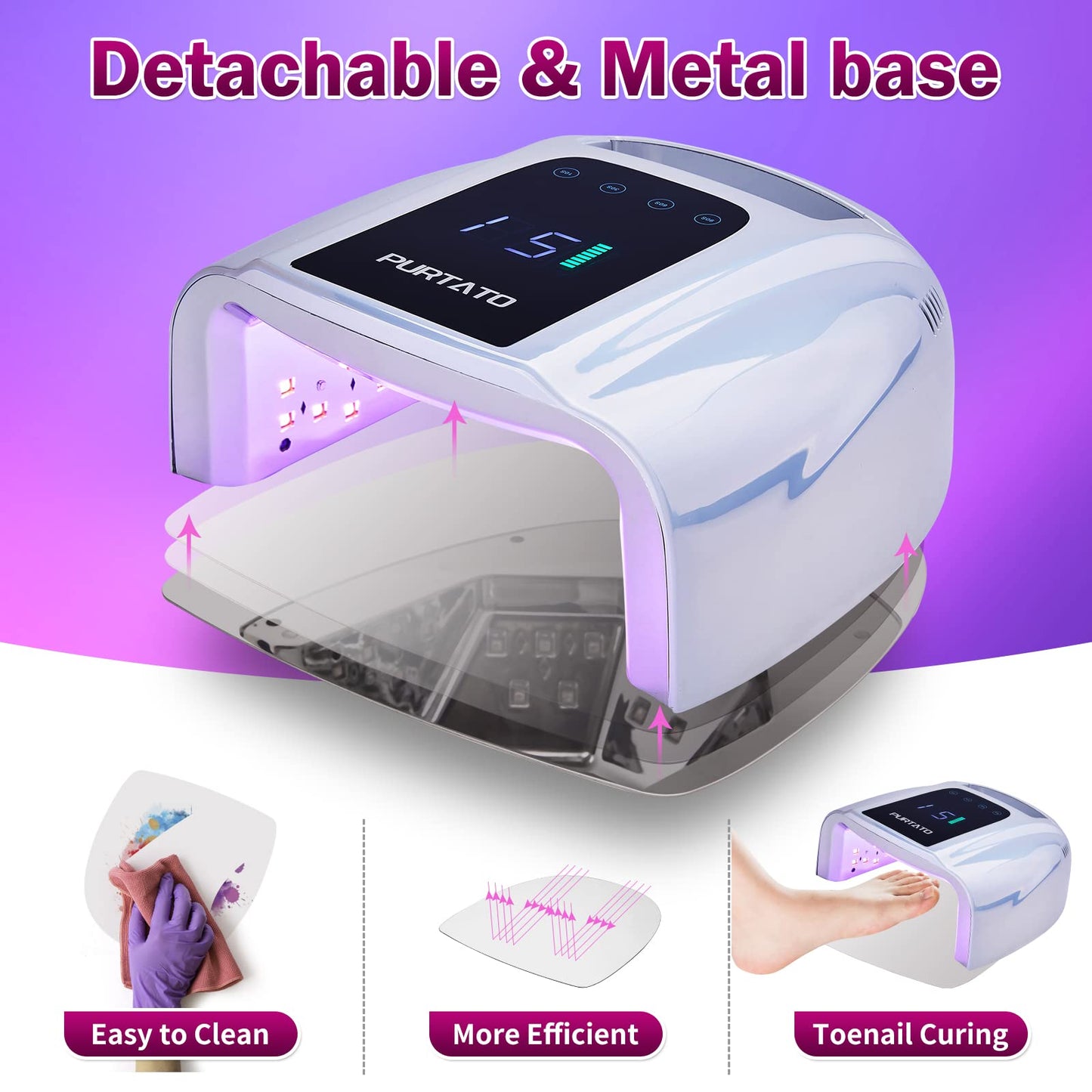 PURTATO Professional Rechargeable 96W UV LED Portable Cordless UV Light for Nail Lamp Machine with Removable Stainless Steel Bottom,4 Timer Setting and Smart Sensor Nail Dryer (Plating Silver)