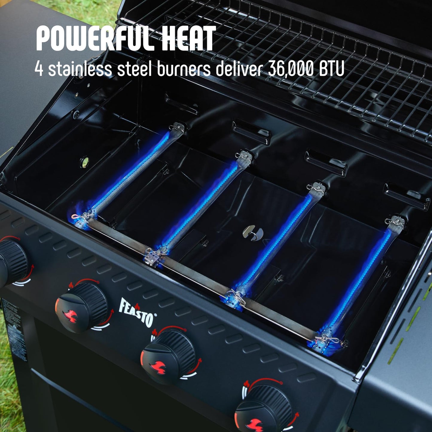 Feasto 4 Burner Gas Grill, 36,000 BTU Outdoor BBQ Grill with Side Table for Outdoor Cooking & Backyard Barbecue, Premium Enameled Coated Chamber Body with Porcelain-Enameled Grates, Black