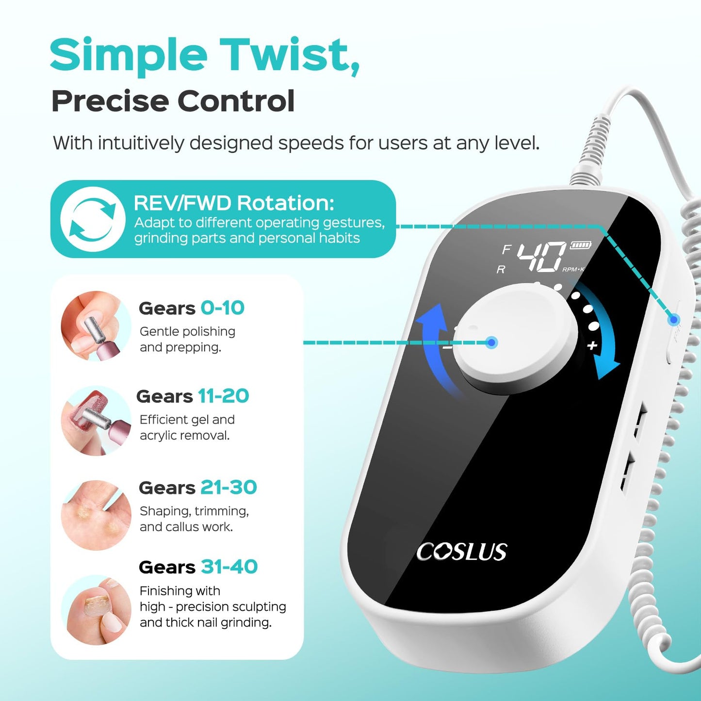 COSLUS E51 Electric Nail Drill Professional: 40000 RPM Rechargeable Nail File with Stand for Acrylic Nails, Stable & Smooth Grinding, Easy to Use, Ideal for Women Beginners, Home DIY and Salon White