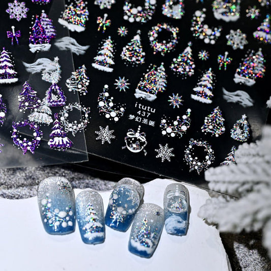 5D Embossed Christmas Nail Art Stickers Silver Nail Stickers Self-Adhesive Xmas Tree Elk Snowflakes Nail Decals Winter Xmas Holiday Manicure DIY Nail Supplies for Women Girls