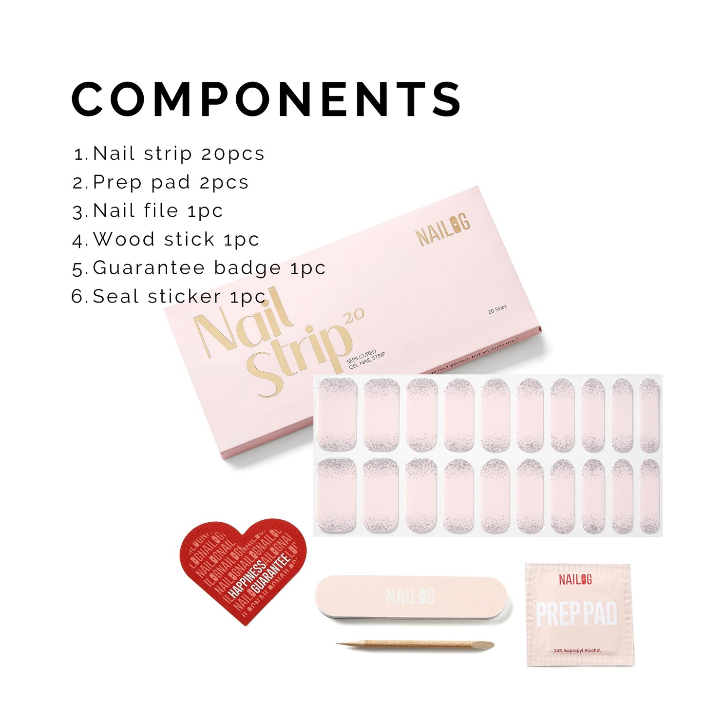 Semi Cured Gel Nail Strips - NAILOG 20 Pcs Pink Glitter Nail Stickers Extra Long Wraps with Glossy Gel Finishing for Spring Summer, Pearl Gleam