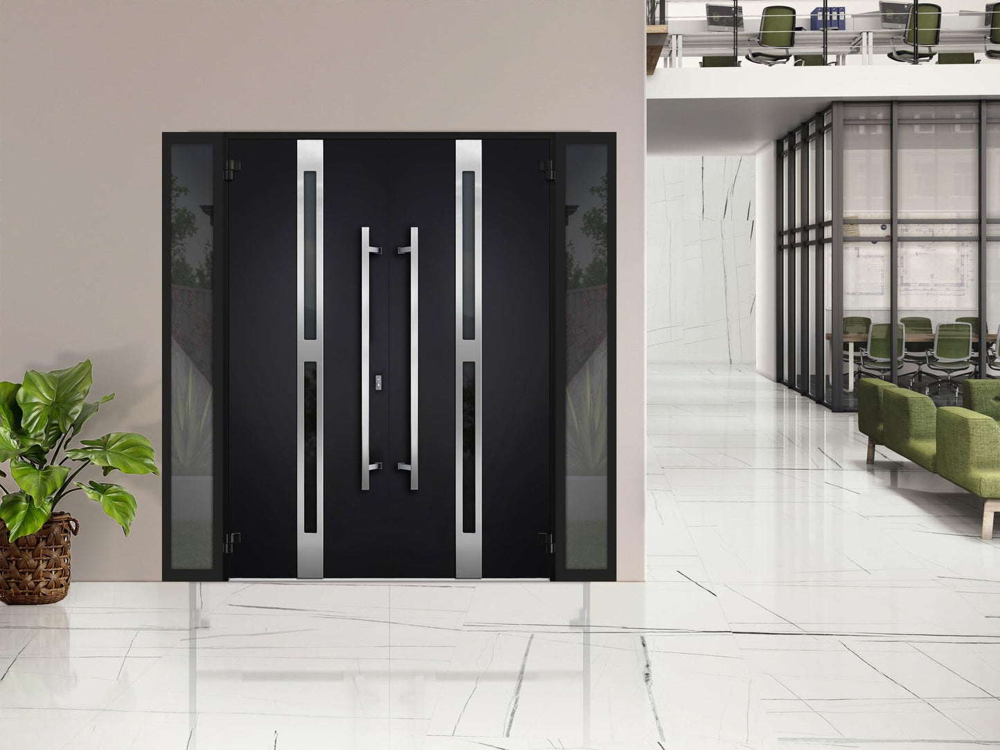 VDOMDOORS Front Exterior Prehung Metal Double Doors/Deux 1755 Black Enamel Tinted Black Glass / 2 Sidelites Exterior Windows/Entry Modern Painted Left Inswing Active Door 104" x 80"
