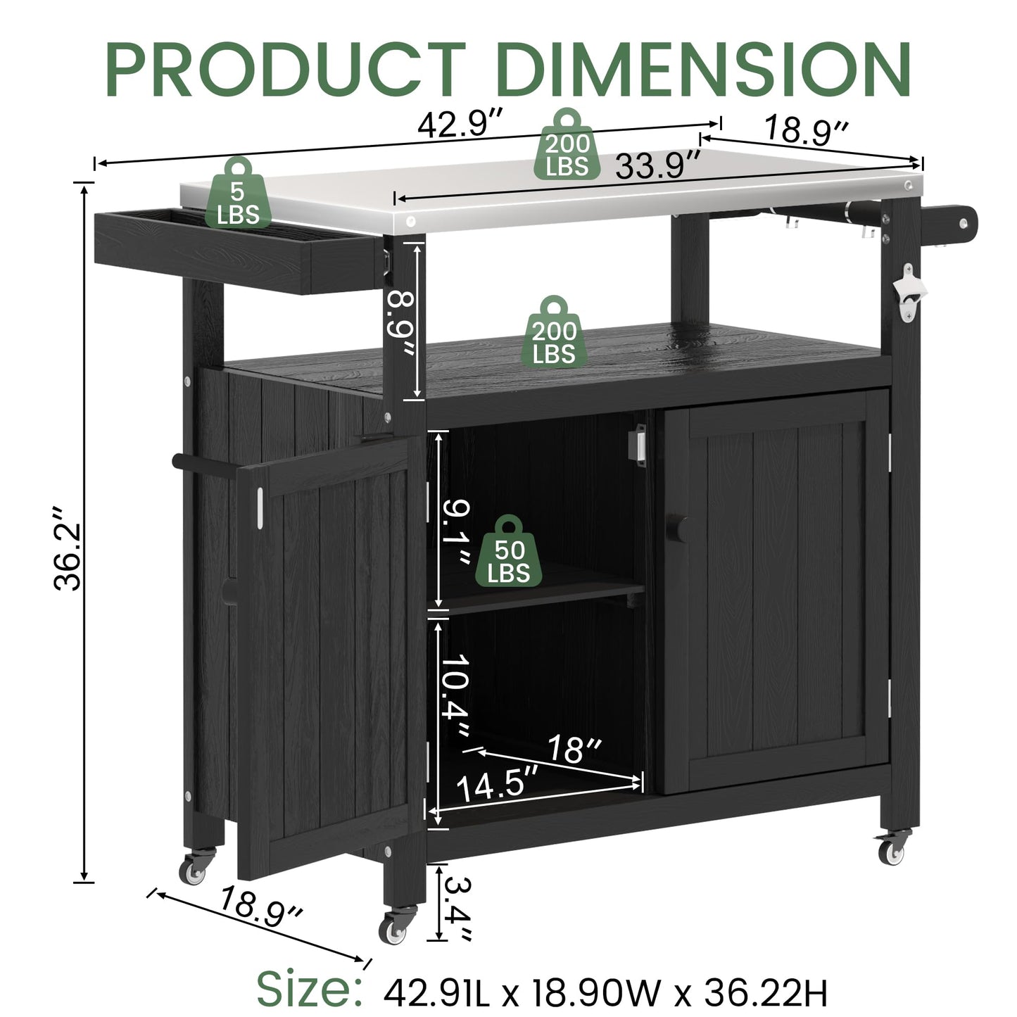 Sunnibety Weatherproof HIPS Outdoor Kitchen Island with Stainless Steel Top & Storage Cabinet, Movable Prep Table with Wheels for BBQ Food Prep, Outdoor Grill Cart for Parties, Black