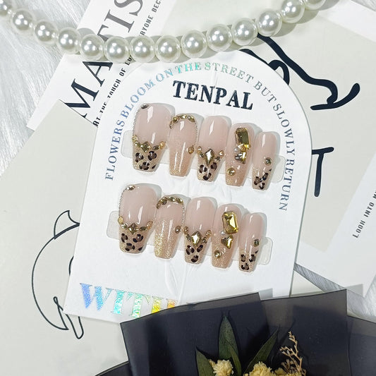 TENPAL Handmade Leopard Cat Eye French Glitter Design Fake Nails,Resuable 10Pcs Press on Nails Medium Kit,Luxury Coffin Shaped Glam Glue on Nails for Women Daily Use, Bridal,Autumn Winter Parties(M)