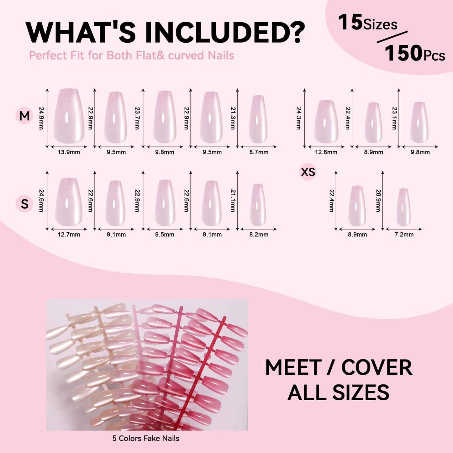 CUZIAM 150Pcs Cat Eye Press on Nails Coffin Medium, 5 Colors Natural Nude Pink Reusable Artificial Acrylic False Nails Glass Magnetic Long Lasting Gel Nail Tips,Fake Nails Manicure Kit for Women