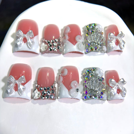 10Pcs Handmade Press on Nails Short Duck Fake Nails with 3D Bow Flower Rhinestone Design White French Tip False Nails Reusable Handmade Nails Press ons Artificial Full Cover Glue on Nail for Women (S)