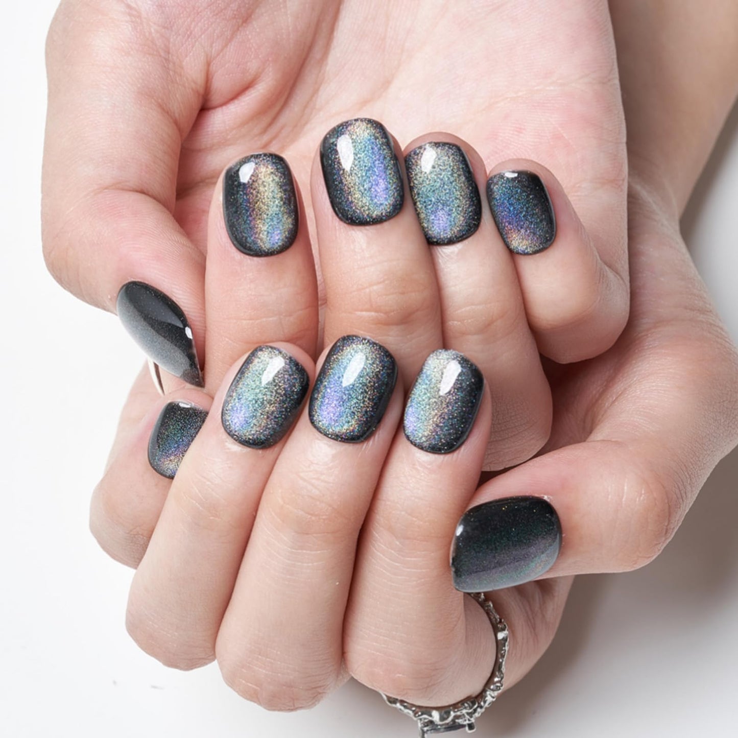 GLAMERMAID Laser Black Short Press on Nails, Aurora Cat Eyes Handmade Extra Short Squoval Glue on Nails for Women, Square Soft Gel Fake Nails, Round Reusable Acrylic False Nails Manicure Kit for Women