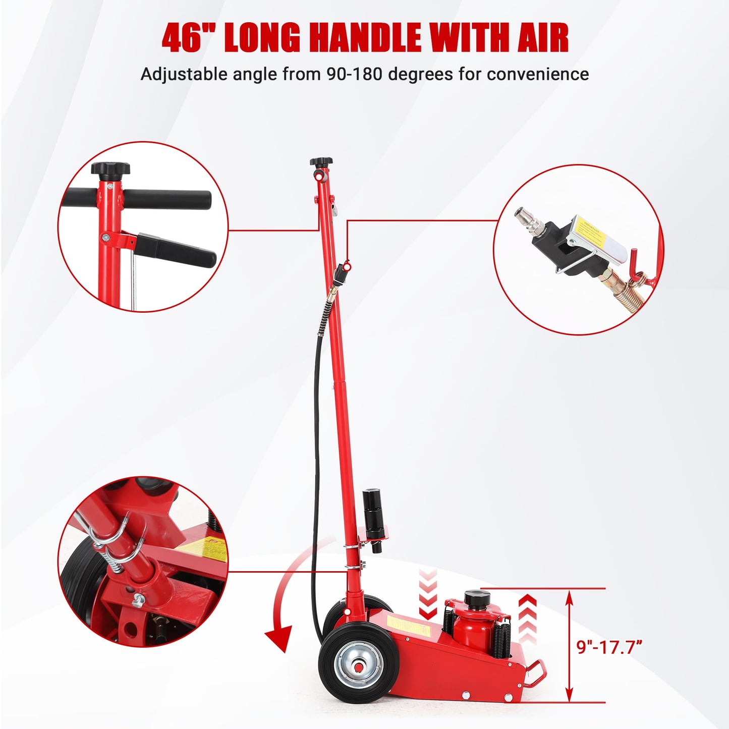 22 T Air Hydraulic Floor Jack for Heavy Duty Trucks & Tractors – Low Profile (9 in-17.7 in), 4 Adapters, 46 in Adjustable Handle – 44,000 LBS Capacity