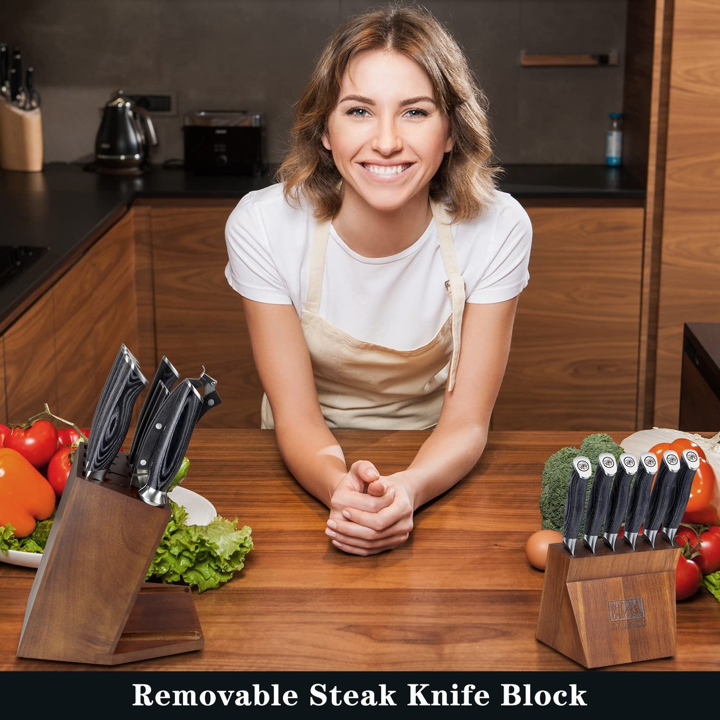 SHAN ZU Knife Sets for Kitchen with Block, Knife Block Set, Japanese Super Steel Kitchen Knife Sets with Removable Block & K133 Ergonomic Handle, Black Tortoise Genbu Series